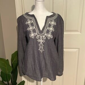 J. Crew Factory sheer chambray embroidered high low top size S